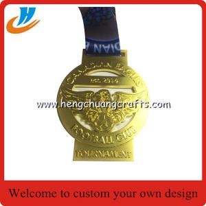 Matt gold plated medals custom,ribbon medals with football logo design sports medals