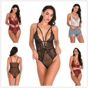 See Through Lace Burgundy Lingerie Bodysuit Sexy Women Jumpsuit Black White Sheer
