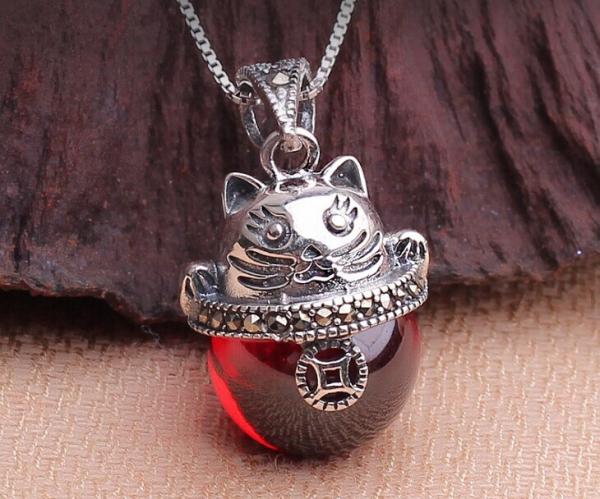 Dollar cat pendant necklace, 925 sterling silver necklace, garnet gemstone