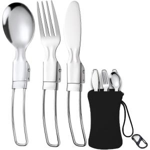 Stainless Steel Folding Knife Spoon Fork, Camping Utensils Set Foldable Travel Utensils with Case Stainless