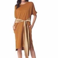 China Simple Solid Casual Loose Pocket T Shirt Loose Dress With Belt on sale