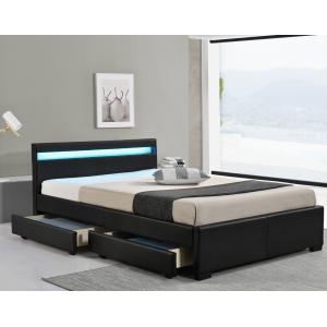 Black Faux Leather Double Size Upholstered Bed With Lights Wireless Remote Control
