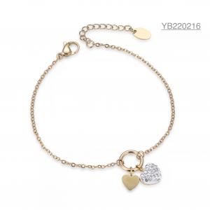China 16cm Double Heart Rhinestone Bangle 14k Gold Stainless Romantic Bracelets For Her supplier