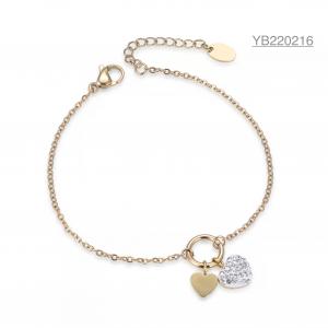 16cm Double Heart Rhinestone Bangle 14k Gold Stainless Romantic Bracelets For Her