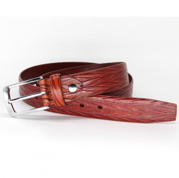 Men Full Grain Cow Leather Belt With Pin Buckle Embossed Salix Leaf Pattern