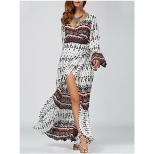 Ethnic Print High Slit Bell Sleeve Wrap Dress Bohemian beach long woman dress