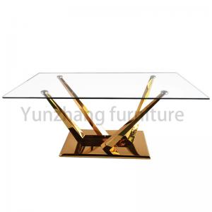 China Minimalist Rectangular Glass Top Dining Table With Solid SS201 Gold Plated Stand Base supplier
