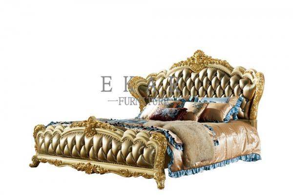 Royal Wooden Carved Design Luxury Leather Headboard King Size Bed LF-029