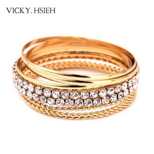 VICKY.HSIEH Gold Tone Crystal Rhinestone Smooth and Twisted Texture Bangle Bracelet Set 8 pcs