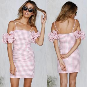 China 2018 New Arrivals Clothing Ruffled Sleeve Pink Gingham Women Dresses Summer supplier