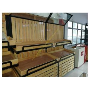 China Double Layer Wooden Retail Display Shelves / Vegetables Display Rack With Mirror supplier