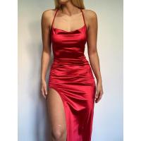 China Fashion hot selling solid color hanging neck backless thin belt wrap hip skirt sexy split dress on sale