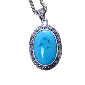 China Women Vintage Necklace Sterling Silver Oval Turquoise Marcasite Charm Pendant （XH052566 ） supplier