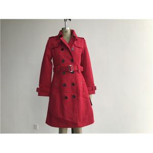 China Red Ladies Wool Coat , Melton Trench Coat With Self Fabric Belt / Contrast Plastic Button supplier
