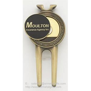 Engraved metal golf pitchfork with magnetic ball marker, designer golf divot tools,