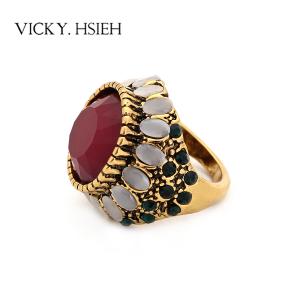 VICKY.HSIEH Antique Gold Opal Rhinestone Pave Rings with Large Red Stone