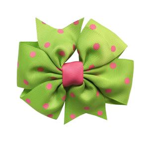 Girls Hair Bow Ribbon Dot Printing Green / Pink Color Customized Size