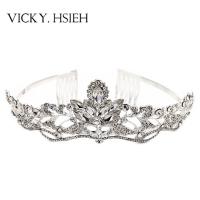 China VICKY.HSIEH Wedding Elegant Opalescent Stone Tiara Rhinestone Crystal Bridal Headband with Combs on sale