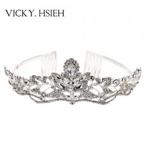 China VICKY.HSIEH Wedding Elegant Opalescent Stone Tiara Rhinestone Crystal Bridal Headband with Combs supplier
