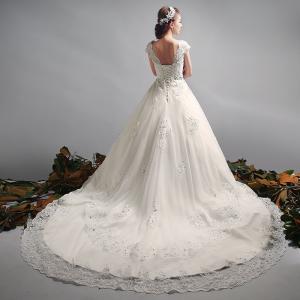 Elegant Deep V Neck Beaded Train Wedding Dress TSLYHS003