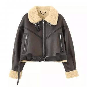                  Custom Cropped Leather Jacket Vintage Women&prime;s Motor Jackets Brand Quality Sherpa Warm Bomber Coat for Women Winter             