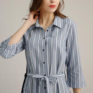 China 3/4 Sleeve Butto Down Linen One Piece Dress Blue White Striped With Belt supplier