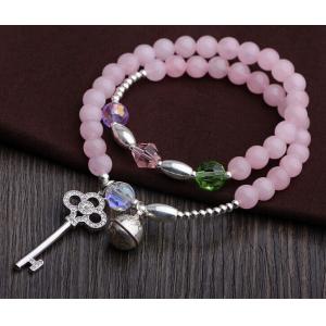 China Sterling silver key charm rose quartz bracelets pink gemstone jewelry double wrap bracelet supplier