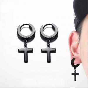 Punk Men Ear Stud Circle Round Cross Huggie Earrings for Men Small Crucifix Cuff Earings Stainless Steel Hip Hop Male Je