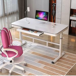 White Wooden Mobile Height Adjustable Computer Desk With Glass Coffee Table