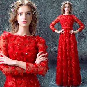 Red Long Sleeves A Line Elegant Evening Dresses TSJY036