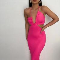 China Pullover Closure Hot Pink Halter Dress Cotton Halter Neck Low Back Dress Women on sale