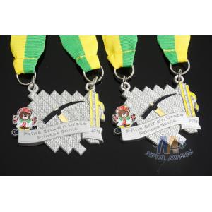 Maration Racking Enamel Medals , Custom Sports Medals With Yellow Green Ribbon