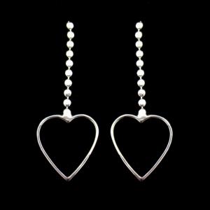 Plain Pure Silver Heart Earrings / Silver Bead String Hanging Earrings For Women