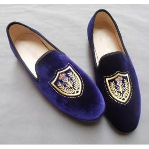 Customized Embroidered Mens Velvet Loafers Slip On Blue Velvet Slippers