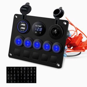China 5 Gang Waterproof Rocker Switch Panel With Dual USB Slot Socket With Blue LED Lights supplier