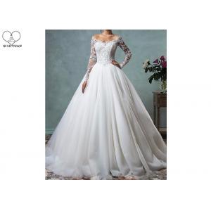 China Fashion Long Sleeve Lace Wedding Dress Off Shoulder Backless Organza Sweep Train supplier