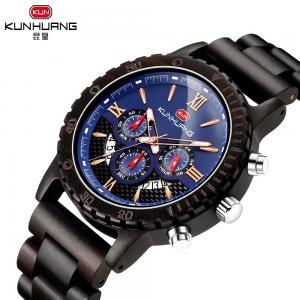 Man Black Sandal Wooden Quartz Watch Blue Dial 6 Pointers 1014-2