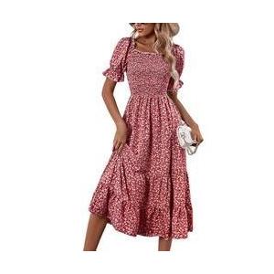China                  Floral Print Dresses Short Puff Sleeve Square Neck Shirred Detail MIDI Women Dresses              supplier