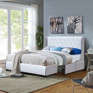 Tufted PU Leather Bed Frame Light Grey And White Four Drawer Storage Bed