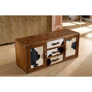 Full Handwork Craft Brown Leather TV Stand Cow Leather Fur Cover Brass Nails Decoration