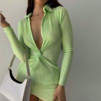 China Green Sexy Long Sleeve Mini Dress High Waist V Neck on sale