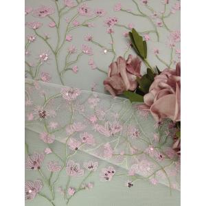 Pink Flower Lace Fabric OEM Embroidery 3D Sequin Lace Fabric for Dress