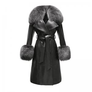                  Winter Fox Fur Collar Cuffs Women Long Leather Jacket Black Genuine Sheepskin Trench Leather Fur Coats for Ladies             