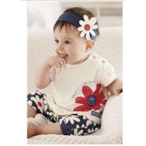 China Baby set Girls Kids T Shirt Headband Top Pants Shorts Flower 3pcs Outfit Clothes set supplier