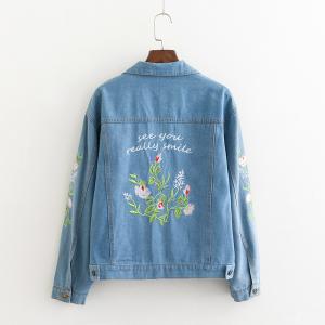 New Design Lapel Long Sleeve Denim Jacket With Embroidered Flowers Eco Friendly