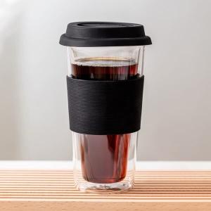 14oz Heat Resistant Double Wall Glass Tumblers 400ml With Silicone Lid And Sleeve