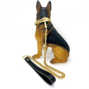 China 15mm Gold Stainless Steel Heavy Duty Dog Chain Leads Walking Dog Training Traction Black Leather Handle supplier