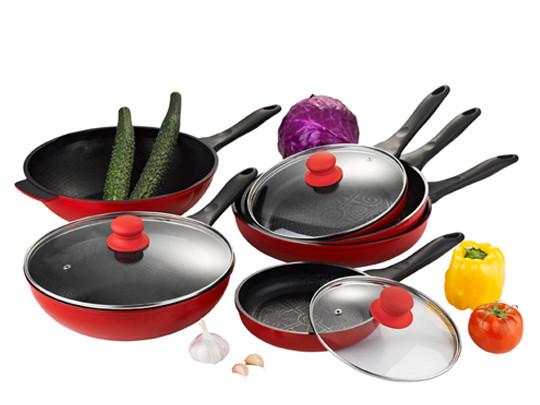 9Pcs Red Die-casting Nonstick Frying Pans With Silicon Handle