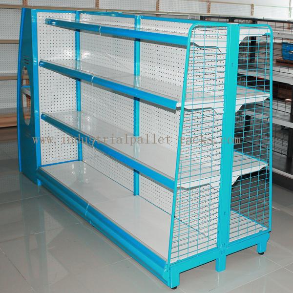 Góndola que deja de lado el estante de exhibición de poca potencia azul con el lado del tablero de la malla de alambre o del acero