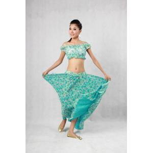Elegant Belly Dancer Costume Blue Green Floor Length Maxi Skirt Plain Neckline Bras